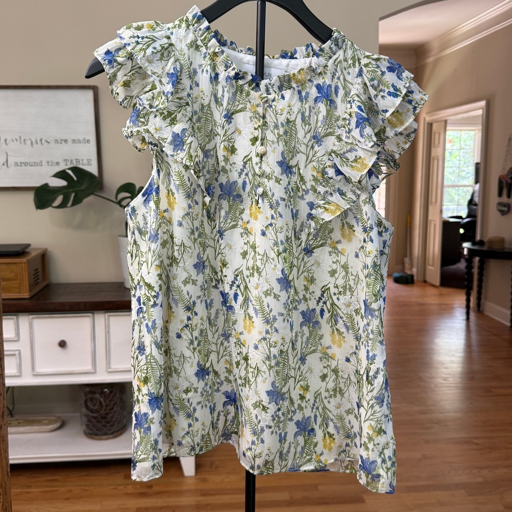 Greylin Floral Ruffle Sleeveless Blouse Size S Romantic Feminine Delicate